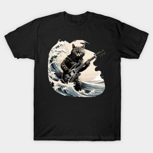 Cat guitar Kanagawa Wave T-Shirt